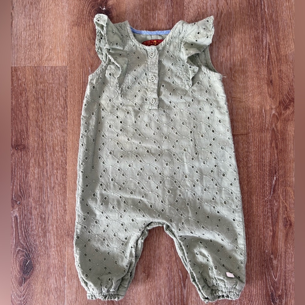 7 For All Mankind Khaki Spring Eyelet Jumpsuit Size: 6-9 months months